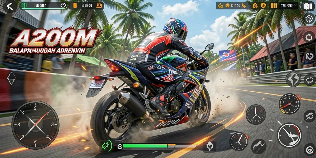 Gameplay A200M menampilkan balapan motor yang intens dan menegangkan.