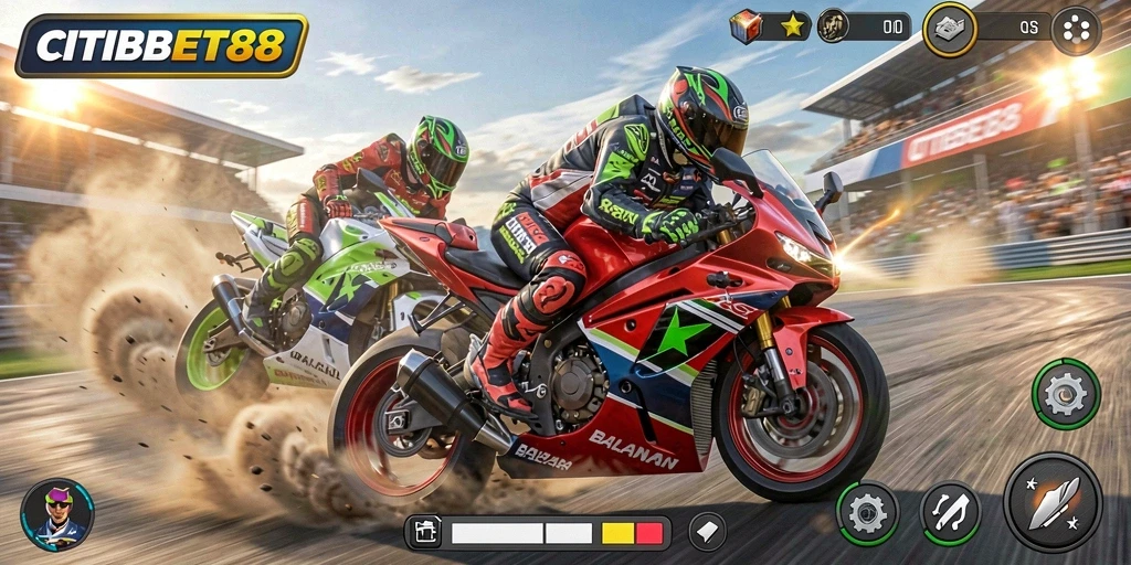 Screenshot gameplay CITIBET88 menunjukkan balapan motor yang seru dan mendebarkan.
