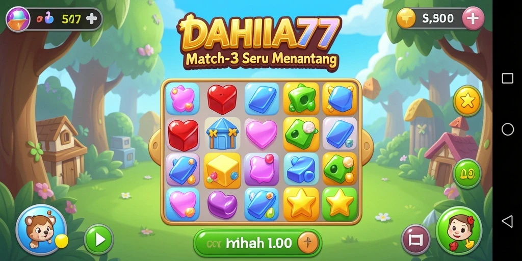 Tampilan gameplay seru dari DAHLIA77 yang penuh warna dan tantangan Match-3.