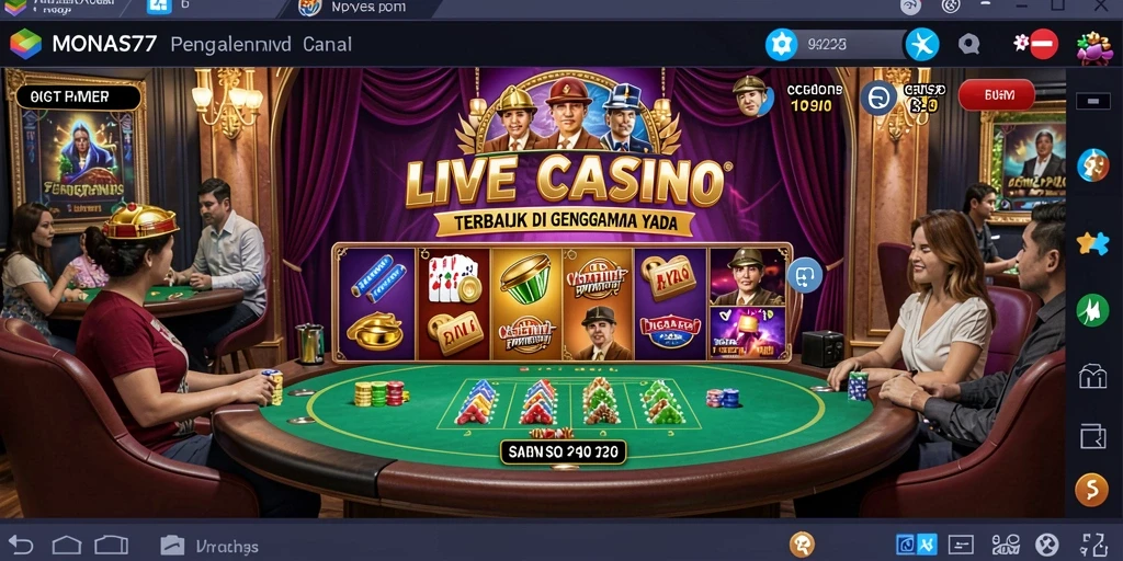 Screenshot gameplay MONAS77 menampilkan dealer live dan atmosfer kasino yang menegangkan.