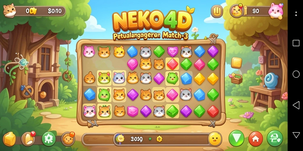 Tampilan menarik dari gameplay NEKO4D yang menampilkan aksi Match-3.