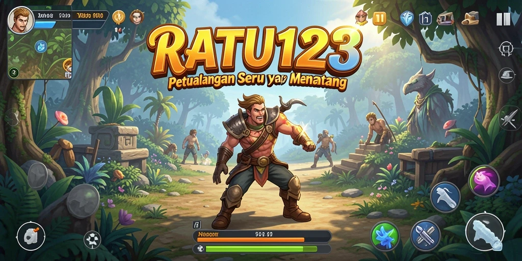 Screenshot utama RATU123 menampilkan karakter utama dalam aksi petualangan.